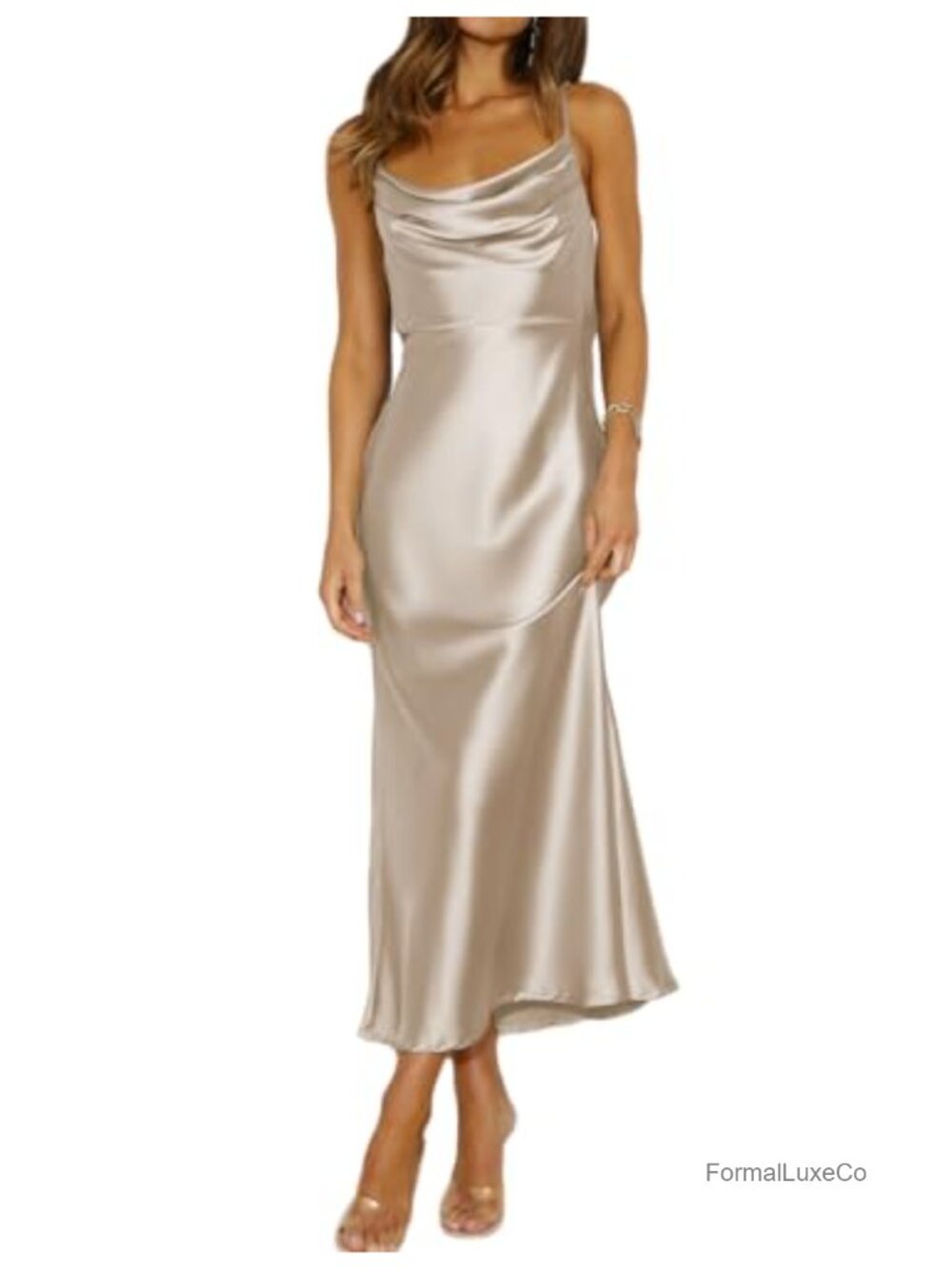 Satin Cowl Neck Backless Midi Dress Spaghetti Strap Wedding Guest